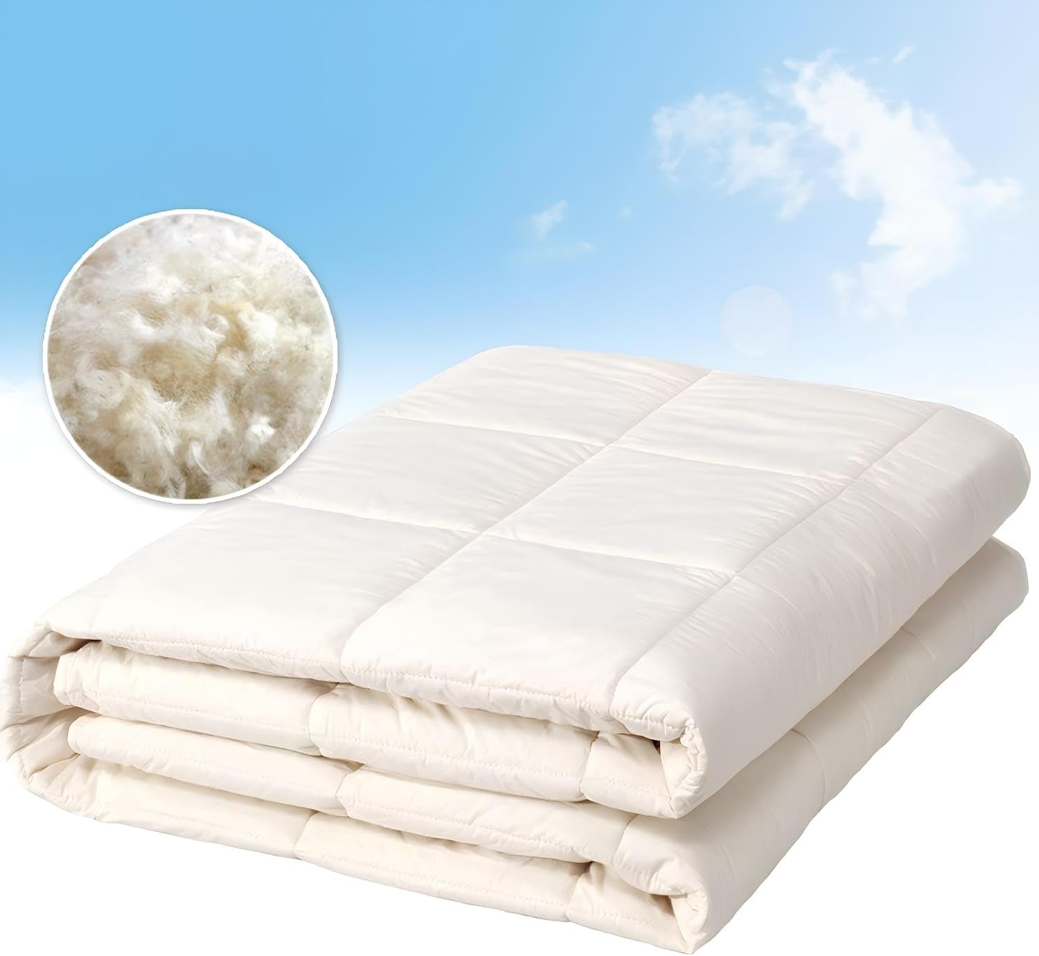 Wool Filled Comforter, 100% Cotton down Alternative Comforter, Embroidery Stitch Quilt Bedding, Made from Sheep Wool, Soft, Reversible, Breathable and Washable, off White, Queen Size