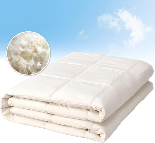 Wool Filled Comforter, 100% Cotton down Alternative Comforter, Embroidery Stitch Quilt Bedding, Made from Sheep Wool, Soft, Reversible, Breathable and Washable, off White, Queen Size