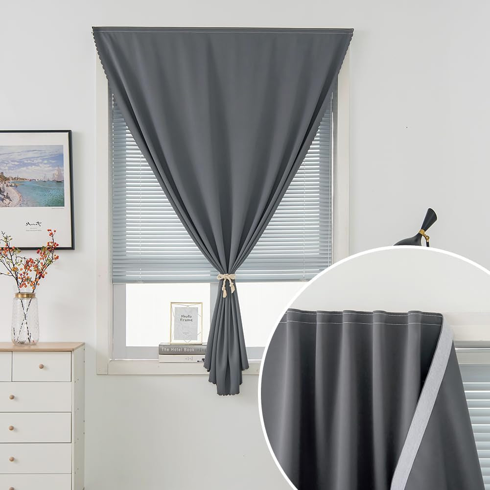 Magic Tape Stick on Curtains Window Shades Pull down Blackout Window Cover Blackout Curtains for Bedroom No Drillng Self Adhesive Curtains No Rod Small Curtain, 35" W X 71" L, Grey, 1 Panel