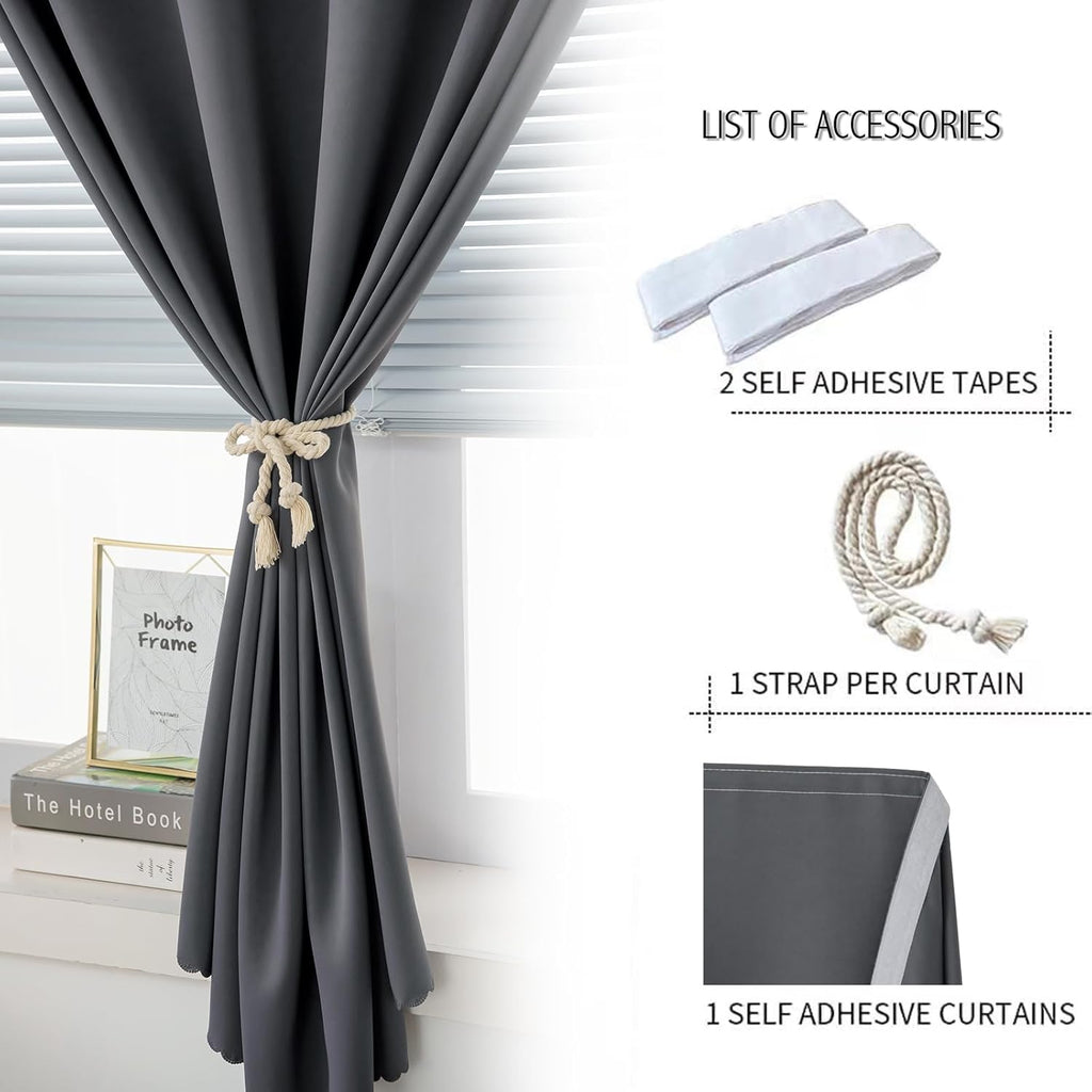 Magic Tape Stick on Curtains Window Shades Pull down Blackout Window Cover Blackout Curtains for Bedroom No Drillng Self Adhesive Curtains No Rod Small Curtain, 35" W X 71" L, Grey, 1 Panel