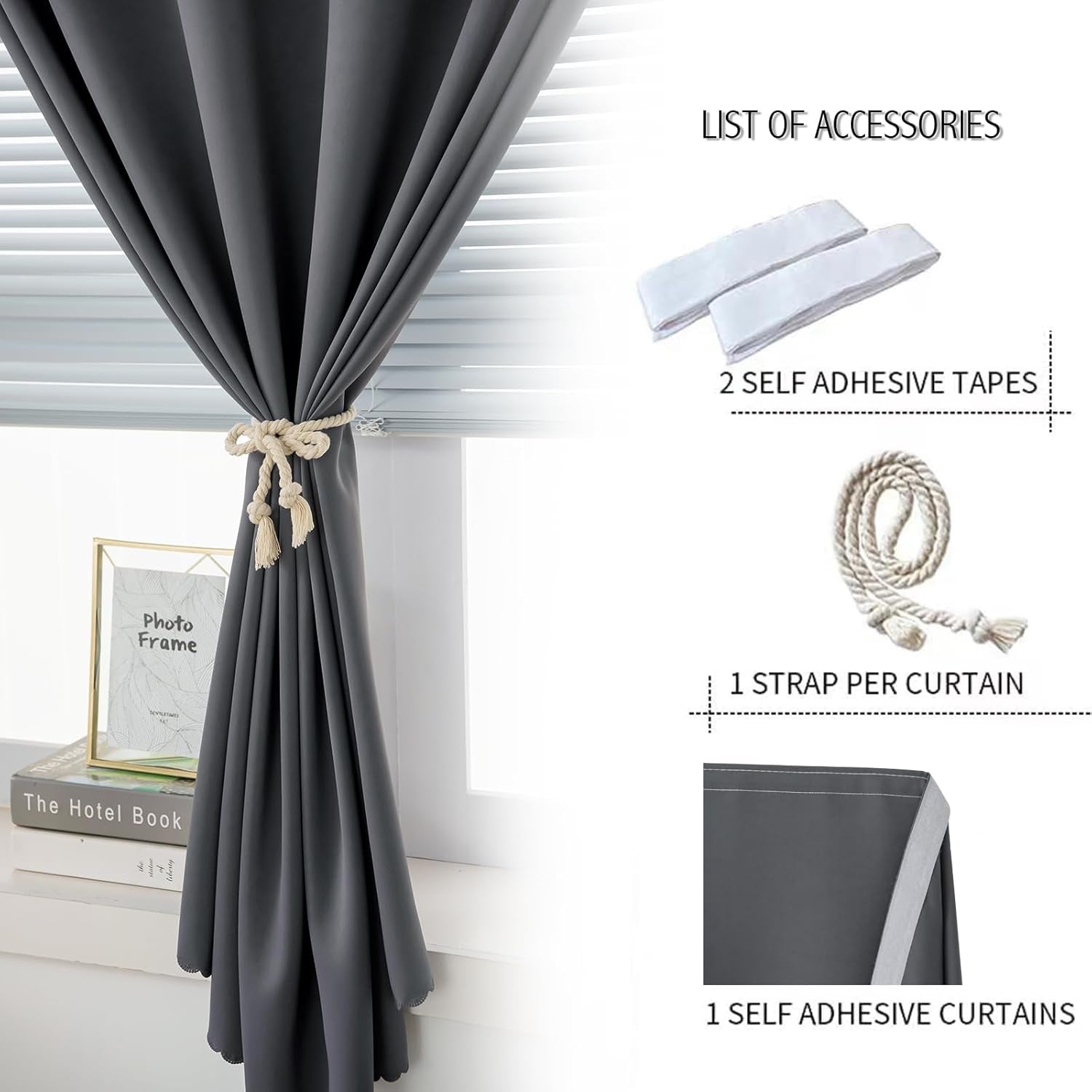 Magic Tape Stick on Curtains Window Shades Pull down Blackout Window Cover Blackout Curtains for Bedroom No Drillng Self Adhesive Curtains No Rod Small Curtain, 35" W X 71" L, Grey, 1 Panel