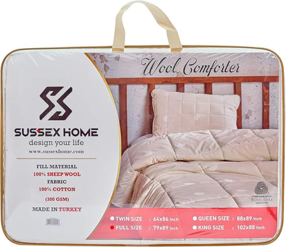 Wool Filled Comforter, 100% Cotton down Alternative Comforter, Embroidery Stitch Quilt Bedding, Made from Sheep Wool, Soft, Reversible, Breathable and Washable, off White, Queen Size